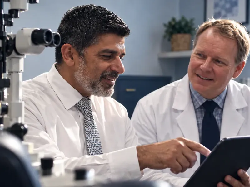 Dr. Ghohestani and Dr. Blankman reviewing a case together in an AVCC examination room