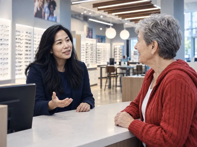 Patient asking AVCC front desk staff about self-pay eye exam costs
