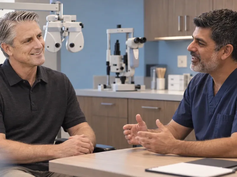 Optometrist and patient talking across a desk during a cataract consultation