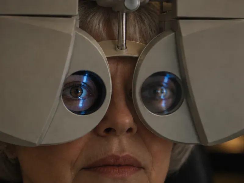 Patient looking through a phoropter during a comprehensive eye exam