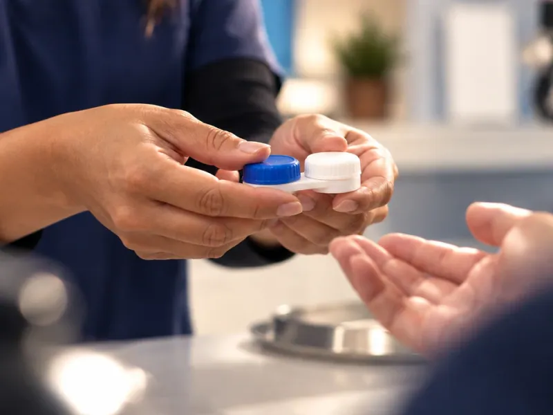 AVCC staff member handing a contact lens case to a patient