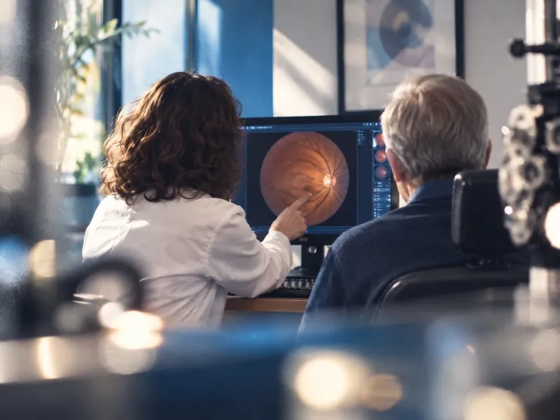 Optometrist reviewing a retinal image on screen with a patient