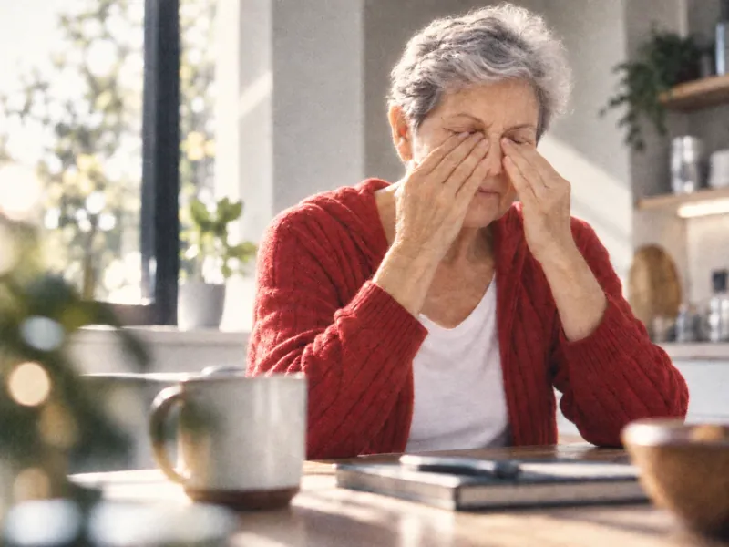 Person pausing to rub irritated, tired eyes at a kitchen table
