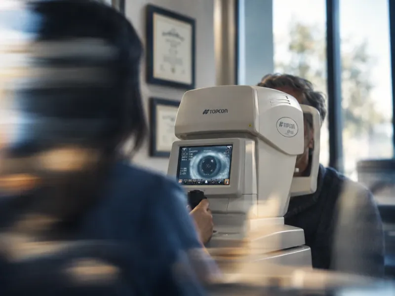Patient seated at a tonometer during a glaucoma screening