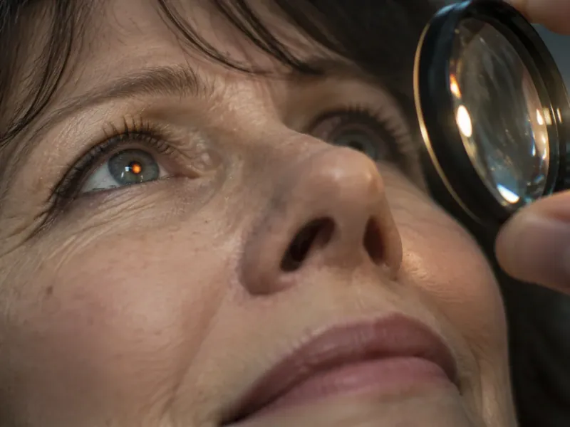 Optometrist examining a patient’s eye with a condensing lens