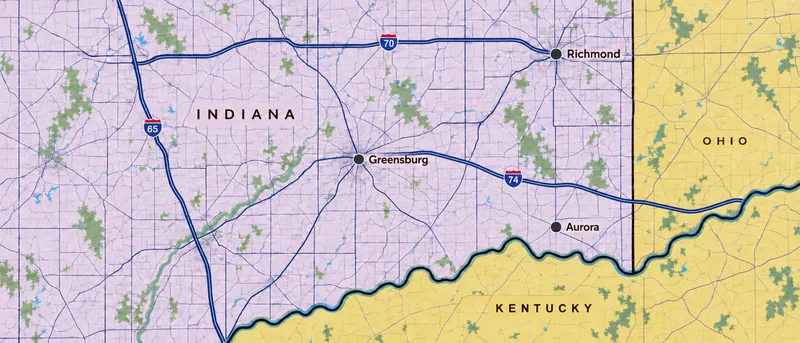 Map of south-eastern Indiana showing the Aurora, Greensburg and Richmond AVCC offices