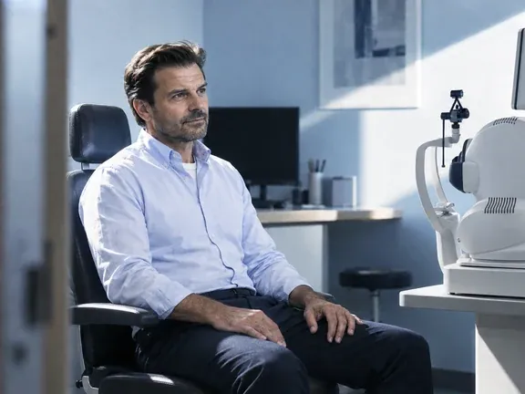 An examination room prepared for a patient, instruments in soft focus.
