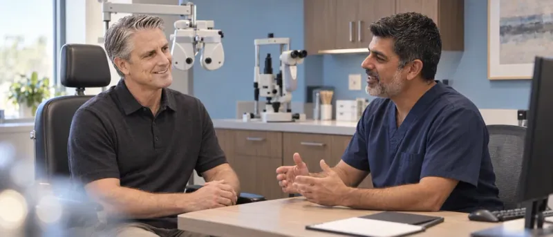 Patient and optometrist in unhurried conversation at a cataract consultation