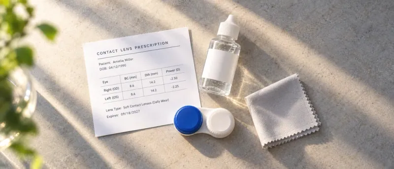 A contact lens prescription, lens case, solution and cleaning cloth on a table