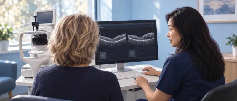 Clinician and patient reviewing retinal scan images during a diabetic eye exam