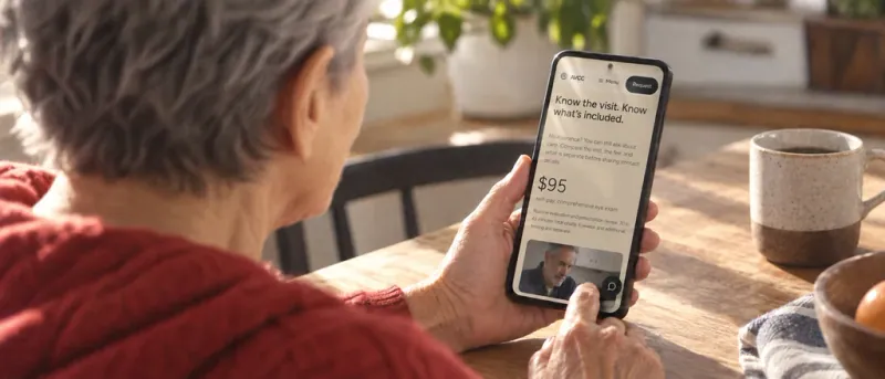 Person checking the self-pay price of an eye exam on a phone at home