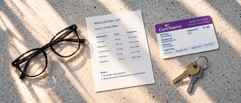 Glasses, a medication list, an insurance card and keys laid out for a first eye exam