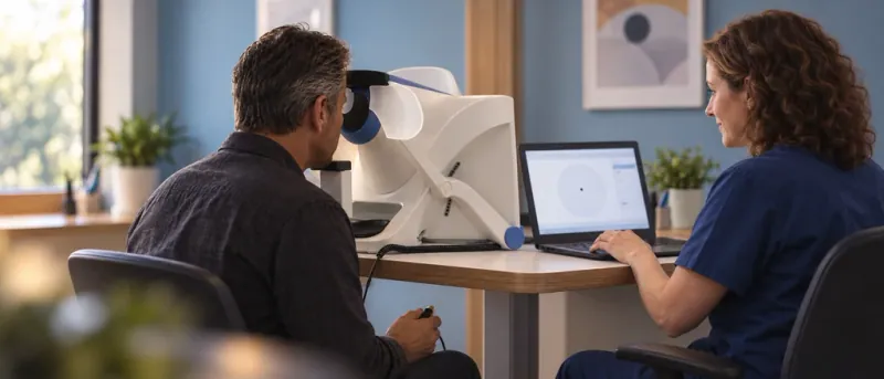 Patient taking a visual field test while a technician records the results