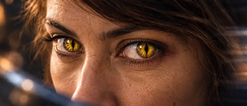 Close-up of eyes wearing yellow cat-eye costume contact lenses