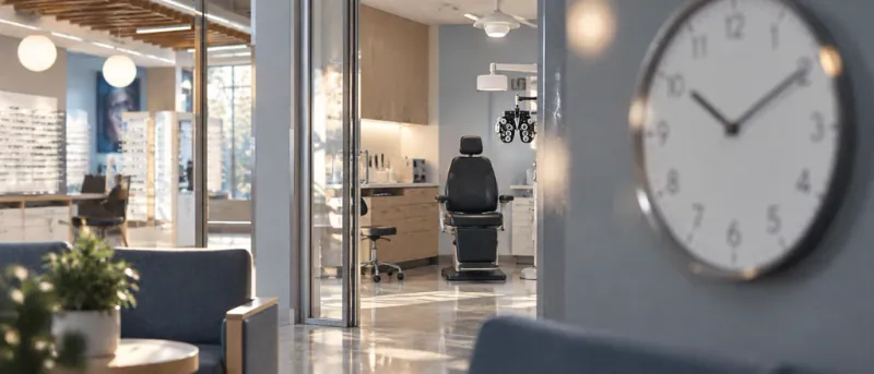 Clock in an eye care waiting area with an examination chair beyond