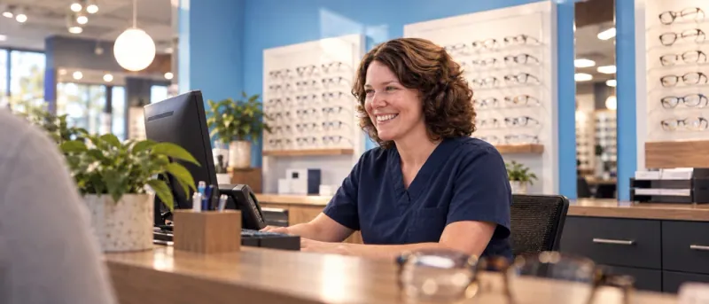 AVCC staff member at the independent practice desk inside a Walmart Vision Center