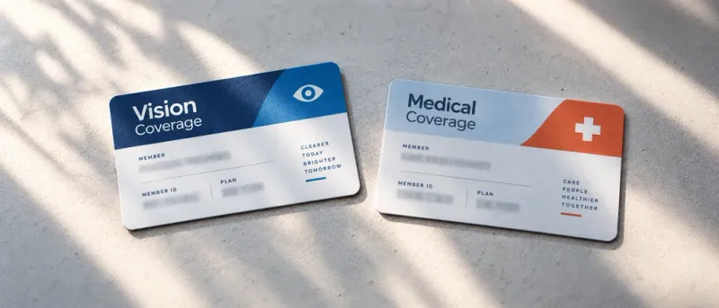 A vision coverage card and a medical coverage card side by side