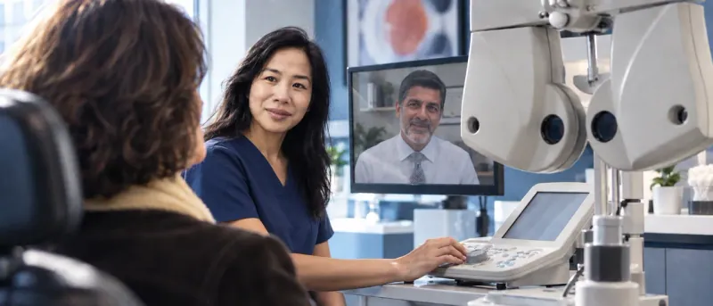 A patient sits with an onsite clinical team member while an eye doctor joins the in-office exam by live video.