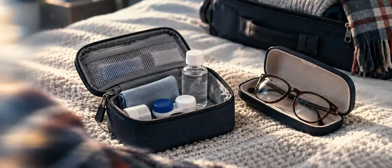 An open travel pouch with a small bottle, lens case and cloth beside glasses in a case on a bed