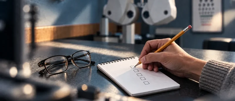 A hand writes on a notepad of empty checkboxes beside a pair of glasses on an exam room counter