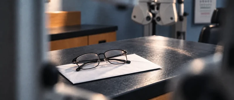 A pair of glasses resting on a white envelope on a counter in an eye exam room