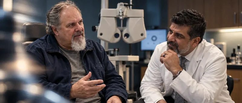 An older bearded man gestures as he talks to an optometrist who listens in an exam room
