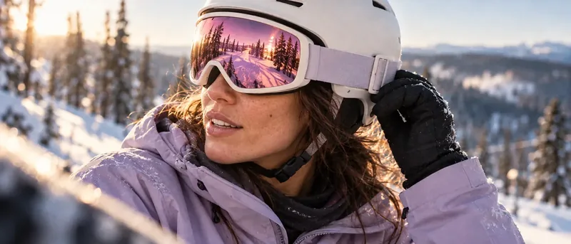Skier in a white helmet adjusting the strap of her mirrored snow goggles