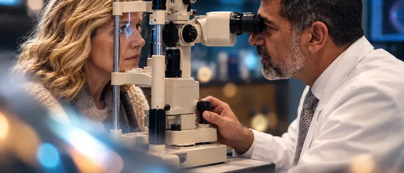 An optometrist looks through a slit lamp at a woman with wavy blonde hair during an eye exam